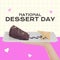 Composite of national dessert day text and cropped hand of caucasian person holding cake slice
