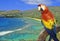 Composite panoramic image of a colorful parrot and Hanauma Bay, Hawaii