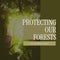 Composite of protecting our forests for a brighter future text and cropped hand against trees