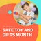 Composite of safe toys and gifts month text over happy caucasian boy on orange background