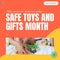Composite of safe toys and gifts month text over happy caucasian children on orange background