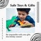 Composite of safe toys, gifts text with smiling asian boy playing with toy dinosaurs