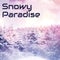 Composite of snowy paradise text over winter landscape background