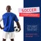 Composite of soccer championship and new matches on now text, rear view of bald player holding ball