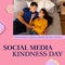 Composite of social media kindness day text and caucasian young couple lying on bed at home