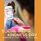 Composite of social media kindness day text and hands of caucasian woman using mobile phone