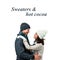 Composite of sweaters and hot cocoa text over caucasian couple in winter hats
