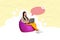 Composite trend artwork sketch image 3D photo collage of young busy lady sit in beanbag hold in hand laptop mind cloud