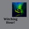 Composite of witching hour text and halloween carved pumpkin on grey background