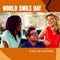 Composite of world smile day text and diverse friends smiling over brown background