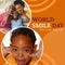 Composite of world smile day text and diverse people smiling over brown background