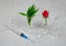 Composition with ampules, medical syringe, flower and leaves