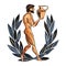 Composition with ancient Greek athletes with amphora and laurel crown. In the style of ancient Greek art painting. Hand