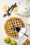 Composition with apple pie on wooden background. Tasty lunch. Homemade breakfast