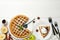 Composition with apple pie on wooden background. Tasty lunch. Homemade breakfast