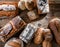 Composition with assorted bakery products on wooden table