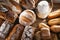 Composition with assorted bakery products on wooden table