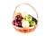 Composition assorted fresh fruits such as orange, Chinese pear, mulberry, red apple and green applein  bamboo wicker basket on whi