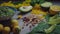 Composition with assorted organic food products on wooden kitchen table