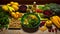 Composition with assorted organic food products on wooden kitchen table