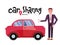 Composition with automobile and male character with mobile phone standing beside red car for rent. Carsharing or car