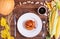 Composition of autumn vegetables on a brown wooden background