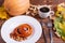 Composition of autumn vegetables on a brown wooden background