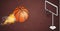 Composition of basketball on fire and basketball basket on brown background