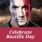 Composition of bastille day text over caucasian man with painted flag of france on face