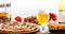 Composition of beer sushi and pizza