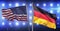 Composition of billowing american flag and german flag against wall of spotlights