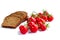 Composition of black bread slices and bunch of cherry tomatoes