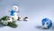 composition in blue tones of green spruce branch, cotton branch, blue Christmas ball, snowman on a gray background, Christmas dec