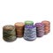 composition of bobbins with woolen threads, yarn for knitting close-up on a white