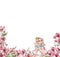 Composition border of flower fairy, little princess dressed in pink with flower illustration. Watercolor illustration for greeting