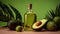 Composition with bottle of essential oil, avocado and aloe leaves on color background, generative ai