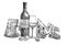 Composition of a bottle of wine, two glasses, parmesan cheese, grapes and leaves with olives. Hand drawn engraving style