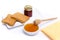 Composition of breakfast, honey, toasts,jam