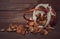 Composition in brown colors with a basket with wild mushrooms Xerocomus on the dark rustic wooden table. Seasonal harvesting in