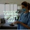 Composition of carers rights day text with caucasian female doctor wearing face mask