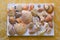 Composition of caribbean seashells on white and yellow background.