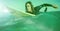 Composition of caucasian female surfer lying on surfboard in sea with copy space on green background