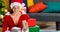 Composition of caucasian woman in santa hat opening presents at christmas time