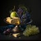 Composition with cheese, grapes and pear on a dark background.