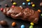 Composition of chocolate Santa Claus among sweets on dark grey wooden table, closeup