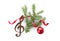 Composition with Christmas tree branch, decor and wooden music note on white background