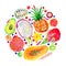 Composition in circle with exotic fruits. Citrus, avocado, pitahaya, carambola, annona, pineapple, pomegranate, papaya. Hand drawn