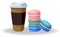 Composition of a coffee cup and colorful stack of macarons