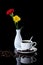 Composition of coffee, yellow chrysanthemum and red carnation on