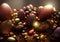 Composition of coloured and golden eggs, with artistic decorations, with depth of field, photographic lighting and close-ups.